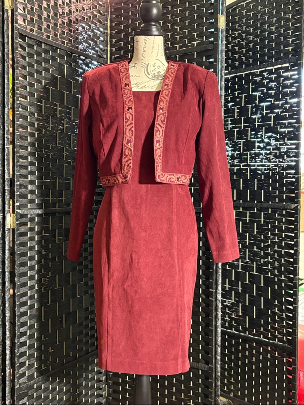 Vintage 1999/2000 R.J. & Co. Petite 2 Piece Faux Suede Sheath Dress w/ Bolero